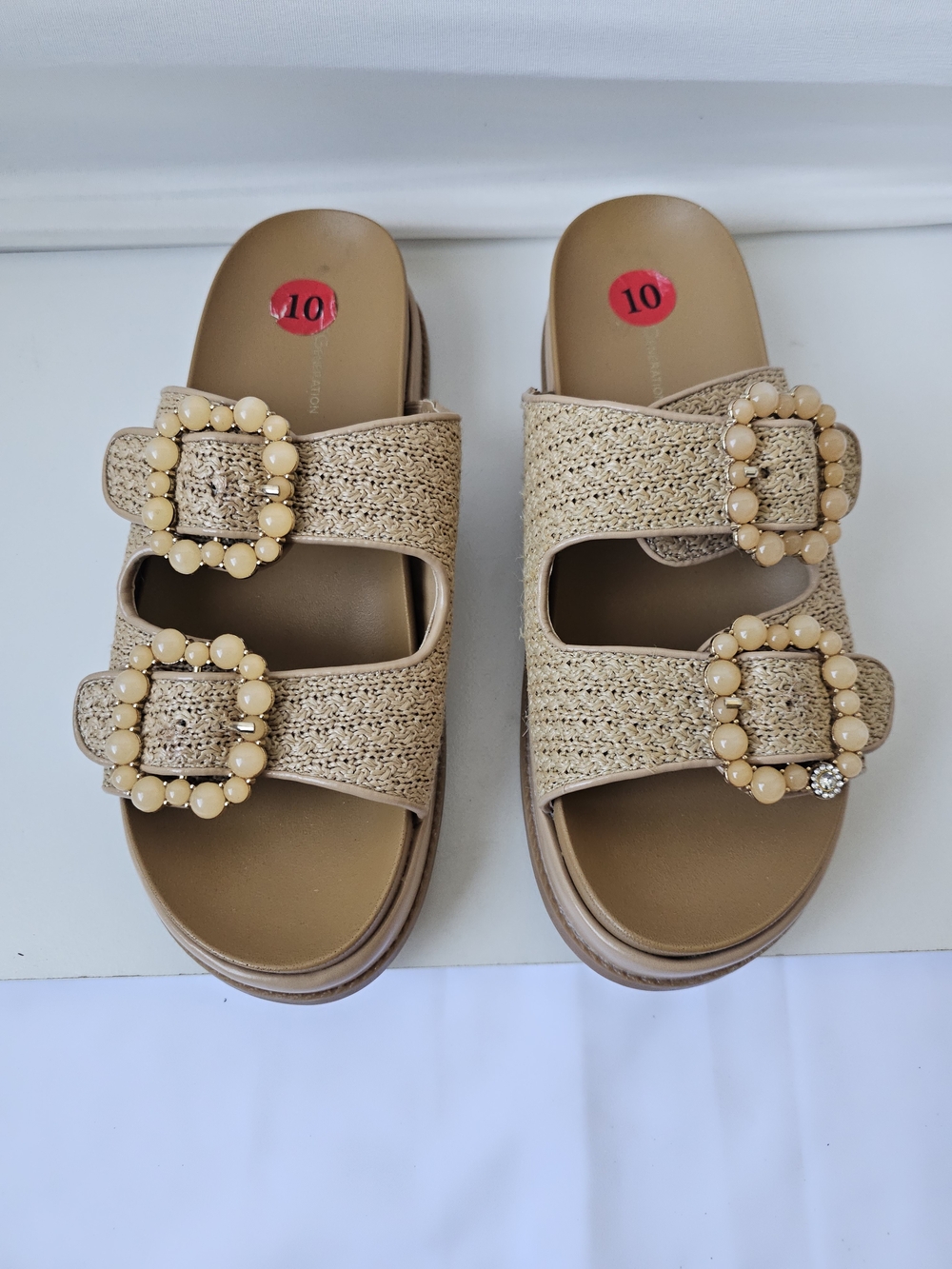 BCBGeneration Beau Raffia Beaded Buckle Slide Sandals - Size 10